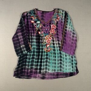 Calessa Tunic Top Petite M Purple Tie‎ Dye Embroidered Floral Art to Wear Blouse